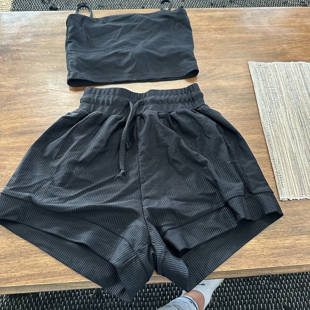 Five the Label. Ribbed Black Athletic Shorts and crop Top Set